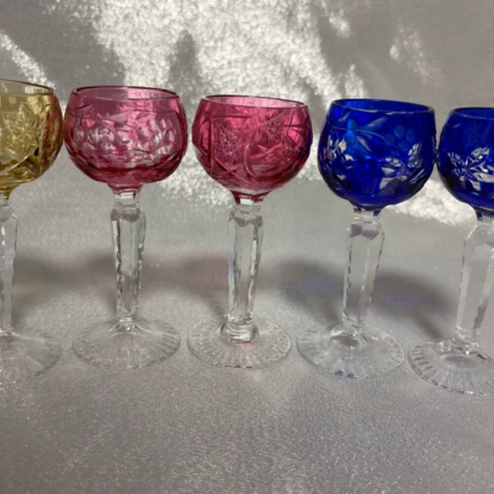 5 VINTAGE NACHTMANN CUT TO CLEAR CORDIAL GLASSES PINK BLUE YELLOW
